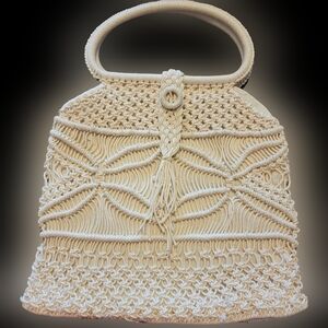 Vintage Boho Macrame Crocheted Hand Bag with Button Closure